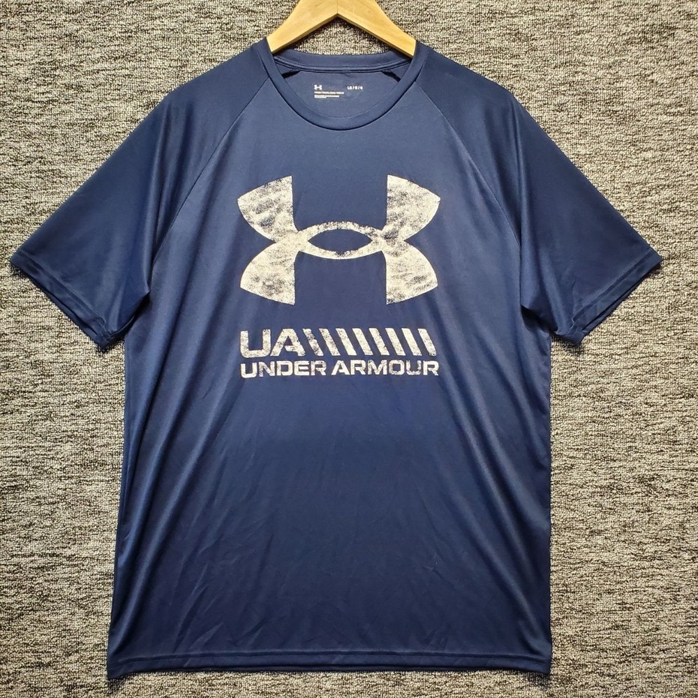 Under Armour Shirt Mens Large Blue Velocity Graphic Logo Short Sleeve Activewear
